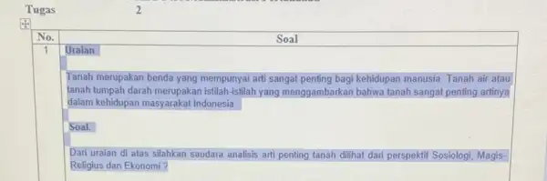 Tugas Soal Uraian Tanah merupakan benda yang mempunyai arti sangat penting bagi kehidupan manusia. Tanah air atau tanah tumpah darah merupakan istilah-istilah yang menggambarkan