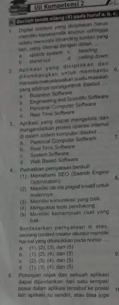 Uji Kompetensi 2 A Berilah tanda silang (X) pada huruf a , b, c, 1. Digital content yang diciptakan harus memiliki karakteristik khusus sehingga