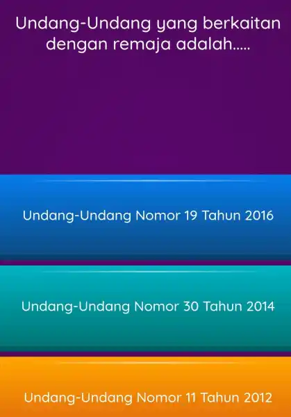 Undang.-Undang yang berkaitan dengan remaja adalah __ Undang -Undang Nomor 19 Tahun 2016 Undang-Und ang Nomor 30 Tahun 2014 Undang -Undang Nomor 11 Tahun