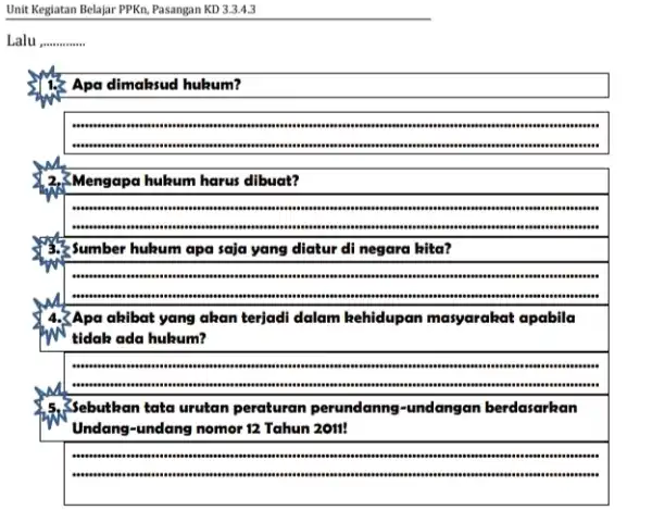 Unit Kegiatan Belajar PPKn Pasangan KD 3.3.4.3 Lalu __ Apa dimaksud hukum? ....reaso . Mengapa hukum harus dibuat? .... Sumber hukum apa saja yang