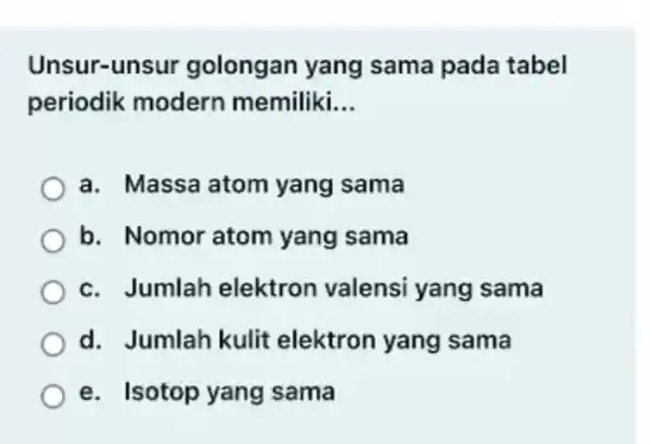 Unsur-unsur golongan yang sama pada tabel periodik modern memiliki __ a. Massa atom yang sama b. Nomor atom yang sama c. Jumlah elektron valensi