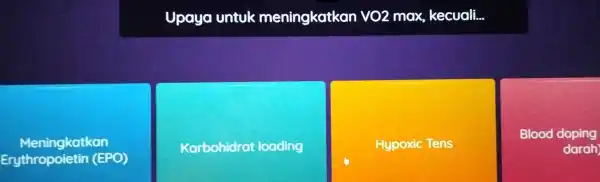 Upaya untuk meningkatkan VO2 max kecuali... Meningkatkan Erythropoietin (EPO) Karbohidrat loading Hypoxic Tens Blood doping darah