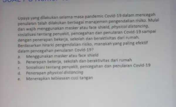 Upaya yang dilakukan selama masa pandemic Covid-19 dalam mencegah penularan telah dilakukan berbagai manajemen pengendalian risiko. Mulai dari wajib menggunakan masker atau face shield,