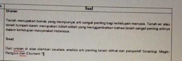 Uraian Soal Tanah merupakan benda yang mempunyai arti sangat penting bagi kehidupan manusia. Tanah air atau tanah tumpahdarah merupakar istilah-istilah yang mengg ambarkan bahwa