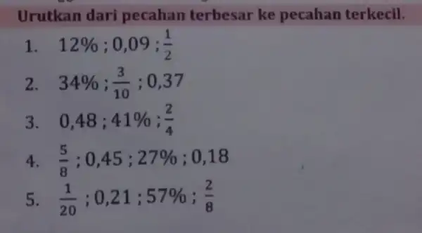 Urutkan dari pecahan terbesar ke pecahan terkecil. 1. 12% ; 0,09 ; (1)/(2) 2. 34% ;(3)/(10) ; 0,37 3. 0,48; 41% ;(2)/(4) 4. (5)/(8)