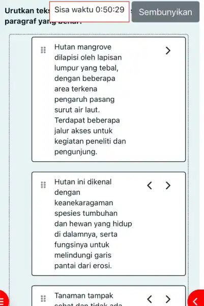 Urutkan tek paragraf yaring Hutan mangrove dilapisi oleh lapisan lumpur yang tebal, dengan beberapa area terkena pengaruh pasang surut air laut. Terdapat beberapa jalur