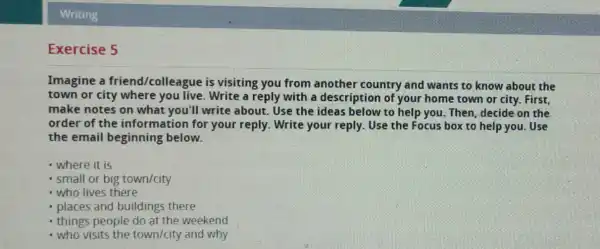 Writing Exercise 5 Imagine a friend/colleague is visiting you from another country and wants to know about the town or city where you live.