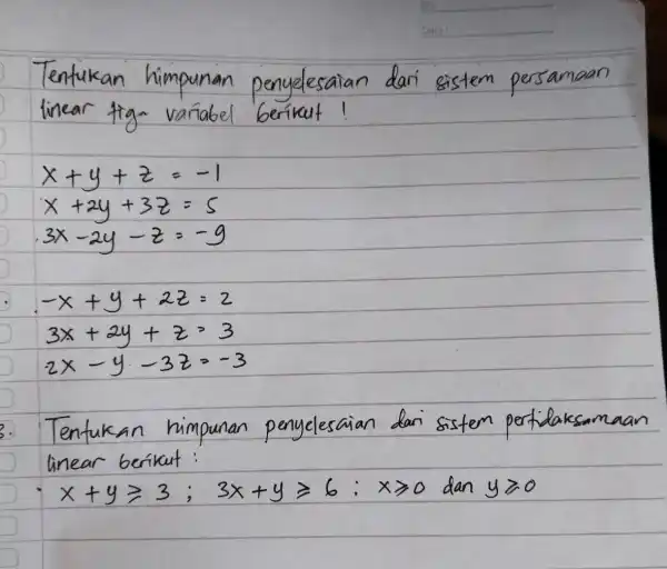 ) x+y+z=-1 ) x+2y+3z=5 3x-2y-z=-9 -x+y+2z=2 3x+2y+z=3 -2x-y-3z=-3 3.