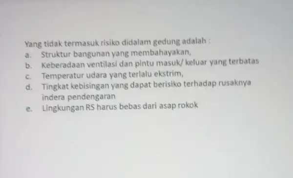 Yang tidak termasuk risiko didalam gedung adalah: a. Struktur bangunan yang membahayakan, b. Keberadaan ventilasi dan pintu masuk/ keluar yang terbatas c. Temperatur udara