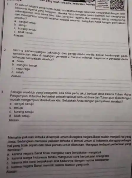 - yang tolah tersedia,kemudian berilah Di sebuah negara yang multikultural, terdapat berbagai kelompok masyorakat dengan latar belakang agama yang beragam Mereka hidup bersama dalam