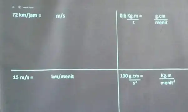 __ 0.6kg.m=(g.cm)/(menit) km/menit 100gcdot cm=(kgcdot m)/(menle^2)