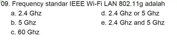 09. Frequency standar IEEE Wi-Fi LAN 802 .11g adalah a. 2.4 Ghz d. 2.4 Ghz or 5 Ghz b. 5 Ghz e. 2.4 Ghz