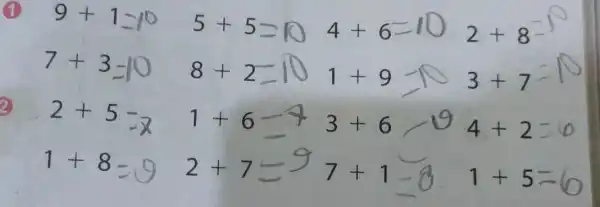 1 9+1=10 5+5=10 4+6 2+8 7+3=10 8+2 1+9 3+7 2+5-x 1+6 3+6 4+2=0 1+8=9 2+7 7+1 1+5=6