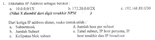 1. Diketahui IP Address sebagai berikut : 10.0.0.0/1X b 172.20.0.0/2X c. 192.168.88.0/30 (Nilai X diambil dari digit terakhir NPM 1) Dari ketiga IP address