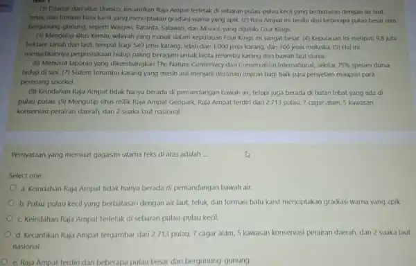 (1) Dilansir dari situs Unesco, kecantikan Raja Ampat terletak di sebaran pulau-pulau kecil yang berbatasan dengan air laut, teluk, dan formasi batu karst yang