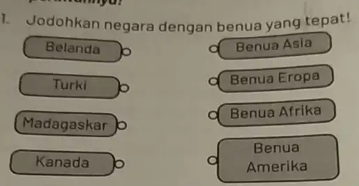 1. Jodohkan negara dengan benua yang tepat! Belanda Turki Madagaskar Kanada Benua Asia d Benua Eropa d Benua Afrika Benua Amerika