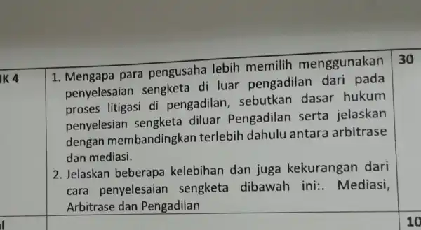 1 para pengusaha lebih memilih menggunakan 30 penyelesaian di luar pengadilan dari proses litigasi di pengadilan dasar hukum penyelesian sengketa diluar Pengadilan serta jelaskan