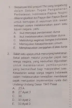 1. Sebanyak B50 prejumt TNI yang tergabung dalam Satuan Tugas Pengamanan Perbatasan Indonesia-Papue Nugin diberangkatkan ke Papua dan Papua Barat untuk bertugas di sejumlah