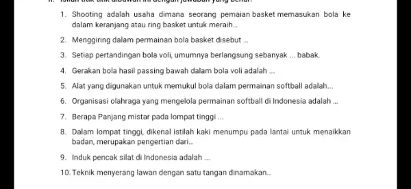 1. Shooting adalah usaha dimana seorang pemaian basket memasukan bola ke dalam keranjang atau ring basket untuk meraih. __ 2. Menggiring dalam permainan bola