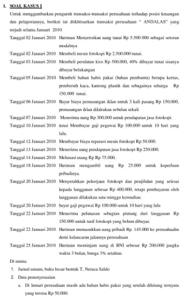 1. SOAL KASUS I Untak menggambarkan pengamuh transaksi -transaksi perusahaan terhadap posisi keuangan dan pelaporannya, berikut ini dihikhtisarkan transaksi perusahaan ANDALAS" yang terjadi selama