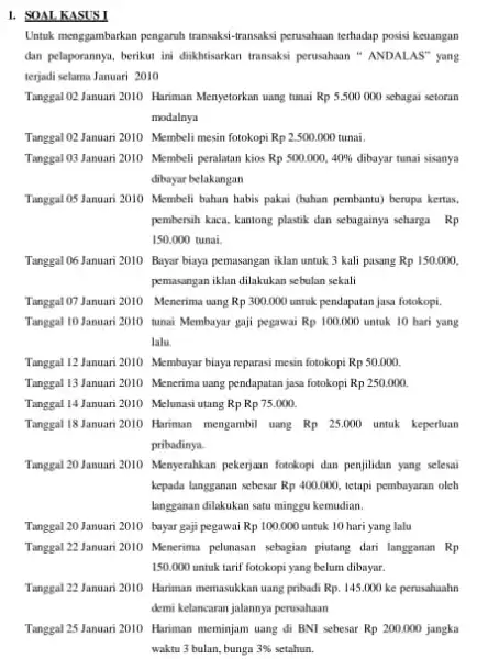 1. SOAL KASUS I Untuk menggambarkan pengaruh transaksi -transaksi perusahaan terhadap posisi keuangan dan pelaporannya, berikut ini dihikhtisarkan transaksi perusahaan ANDALAS" yang terjadi selama