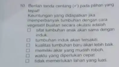 10. Berilah tanda centang (surd ) pada pilihan yang tepat! Keuntungan yang didapatkan jika memperbanyak tumbuhan dengan cara vegetatif buatan secara okulasi adalah sifat