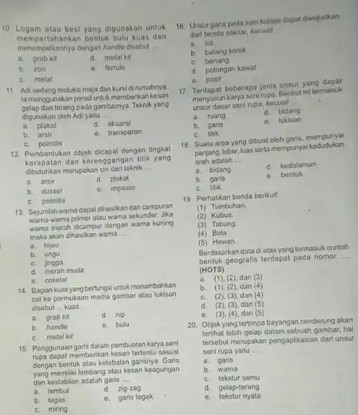 10. Logam atau besi yang digunakan untuk memper lahankan bentuk bulu kuas dan menempelkannya dengan handle disebut __ a. grab kit d. motal kit