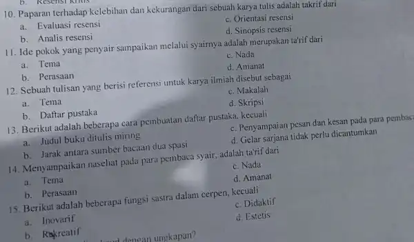 10. Paparan terhadap kelebihan dan kekurangan dari sebuah kary tulis adalah takrif dari a. Evaluasi resensi c. Orientasi resensi b. Analis resensi d. Sinopsis