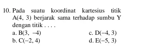 10.Pada suatu koordinat kartesius titik A(4,3) berjarak sama terhadap sumbu Y dengan titik __ a B(3,-4) C D(-4,3) b C(-2,4) d E(-5,3)