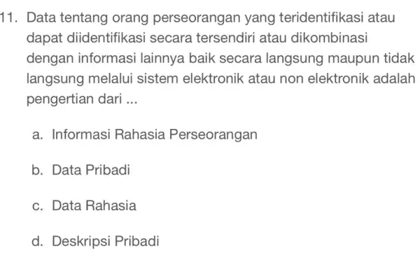 11. Data tentang orang perseorangan yang teridentifikasi I atau dapat diidentifikas i secara tersendir i atau dikombinasi dengan informasi lainnya baik secara langsung maupun