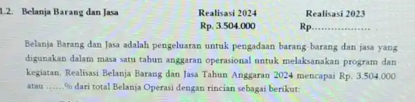 1.2. Belanja Barang dan Jasa Realisasi 2024 Realisasi 2023 Rp.3.504.000 Rpldots ldots ldots ldots ldots ldots ldots Belanja Barang dan Jasa adalah pengeluaran untuk