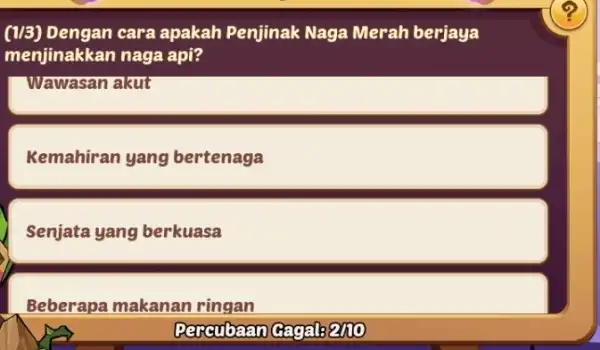 (1/3) Dengan cara apakah Penjinak Naga Merah berjaya menjinakkan naga api? Wawasan akut Kemahiran yang bertenaga Senjata yang berkuasa Beberapa makanan ringan Deranbaan Gagalb2no