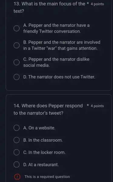 13. What is the main focus of the 4 points text? A. Pepper and the narrator have a friendly Twitter conversation. B. Pepper and