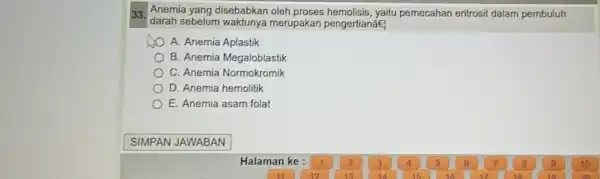 133. darah sebelum waktunya merupakan pengertianáe! Anemia yang disebabkan oleh proses hemolisis, yaitu pemecahan eritrosit dalam pembuluh A. Anemia Aplastik B. Anemia Megaloblastik C.