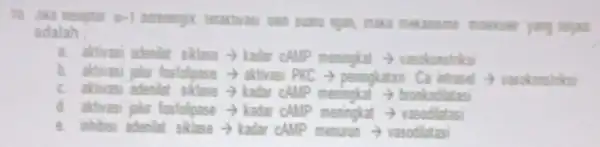 16. Jika reseptor a-1 adreneigik teraktivasi oleh suatu tigan, maka mekansme molekue yang terjad adalah a. aktivasi adenlat siklase - kadar cAMP meningkat +