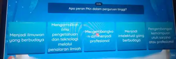 17/52 Apa peran PKn dalam pergurusn tinggi? Menjadi ilmukan ilmuwan yang berbudaya Mengamalkan ilmu pengetahuan dan teknologi melalui penalaran ilmiah Mengembangka n diri menjadi