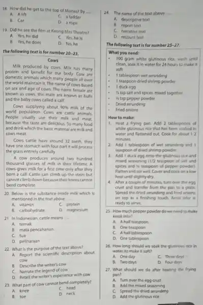 18. How did he get to the top of Monas? By __ A. Alift C. a ladder B.Car D. a rope 19. Did he