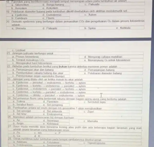 18. Parenkim yang berdiferensiasi menjadi tempat menyimpan udara pada tumbuhan air adalah __ a. Sklerenkim d. Bunga karang c. Palisade b. Aerenkim e. Kolenkim