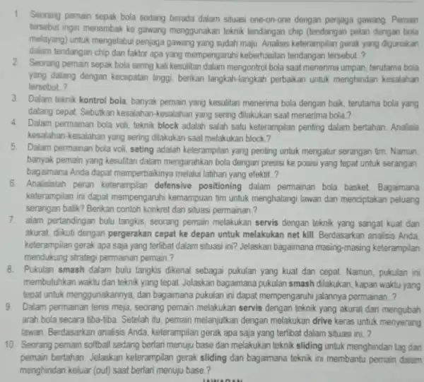 1 Seorang pemain sepak bola sedang berada dalam situasi one-on-one dengan penjaga gawang Pemain tersebut ingin menembak ke gawang menggunakan teknik tendangan chip (tendangan