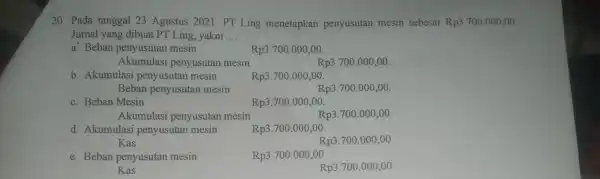 20. Pada tanggal 23 Agustus 2021 . PT Ling menetapkan penyusutan mesin sebesar Rp3.700.000,00 Jurnal yang dibuat PT Ling, yakni __ a. Beban penyusutan