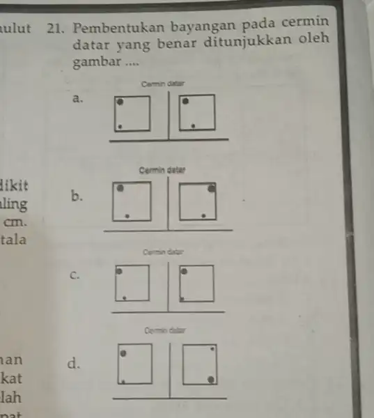 21. Pembentukan bayangan pada cermin datar yang benar ditunjukkan oleh gambar .... a. Cermin datar Cermin datar b. Cermin datar Cermin datar Cemin datar