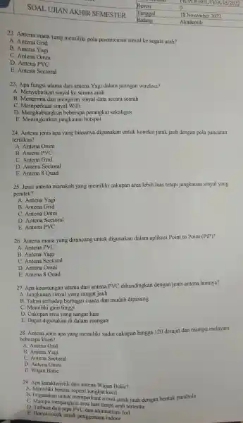 22. Antena mana yang memiliki pola pemancarar sinyal ke segala arah? A. Antena Grid B. Antena Yagi C. Antena Omni D. Antena PVC E.