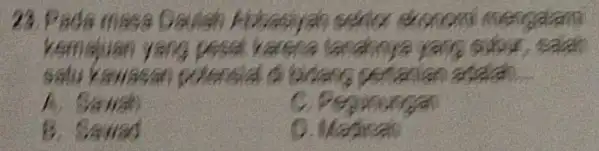 23. Pada masa Dadah ekonomi mengalami kemajuan yang pesal karena lanaknya yang sulus satu kawasan potensial I di bidang penasian adalah C. Pegunungan B.