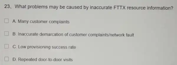 23. What problems may be caused by inaccurate FTTX resource information? A. Many customer complaints B. Inaccurate demarcation of customer complaints/network fault C. Low