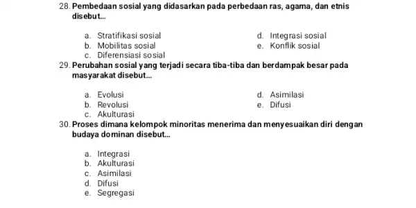 28. Pembedaan sosial yang didasarkan pada perbedaan ras , agama, dan etnis disebut.. __ a. Stratifikasi sosial d. Integrasi sosial b. Mobilitas sosial c.