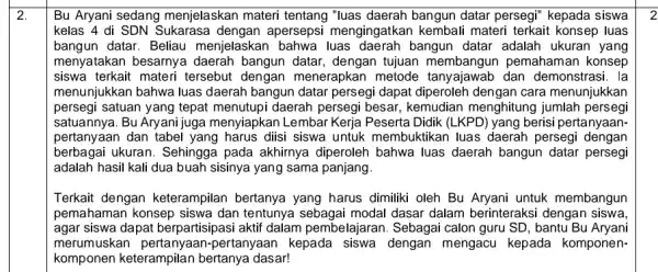 2. Bu Aryani sedang menjelaskan materi tentang "luas daerah bangun datar persegi" kepada siswa kelas 4 di SDN apersepsi mengingatkar materi terkait konsep luas