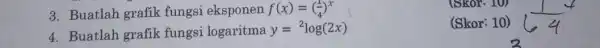 3. Buatlah grafik fungsi eksponen f(x)=((1)/(4))^x (Skor: 10) 4. Buatlah grafik fungsi logaritma y= 2log(2x)