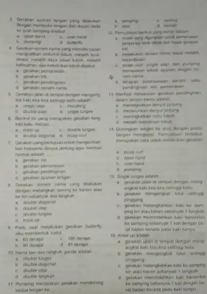 3. Gerakan ayunan lengan yang dilakukan dengan membuka lengan dar depan dada ke arah samping disebut __ a open hand C. over hand b.