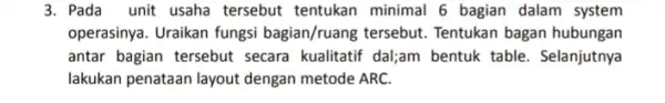 3. Pada unit usaha tersebut tentukan minimal 6 bagian dalam system operasinya. Uraikan fungsi bagian/ruang tersebut Tentukan bagan hubungan antar bagian tersebut secara kualitatif