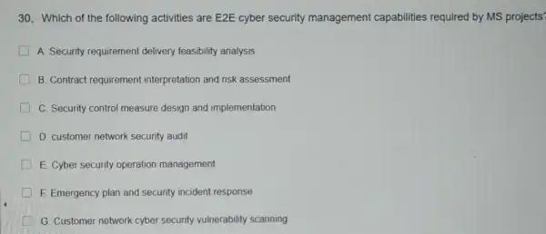 30. Which of the following activities are E2E cyber security management capabilities required by MS projects? A. Security requirement delivery feasibility analysis B. Contract